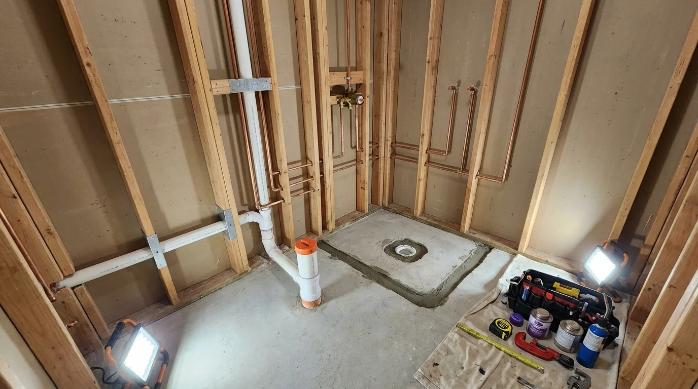Bathroom rough-in plumbing during remodel by Johns Plumbing LLC in Walnut