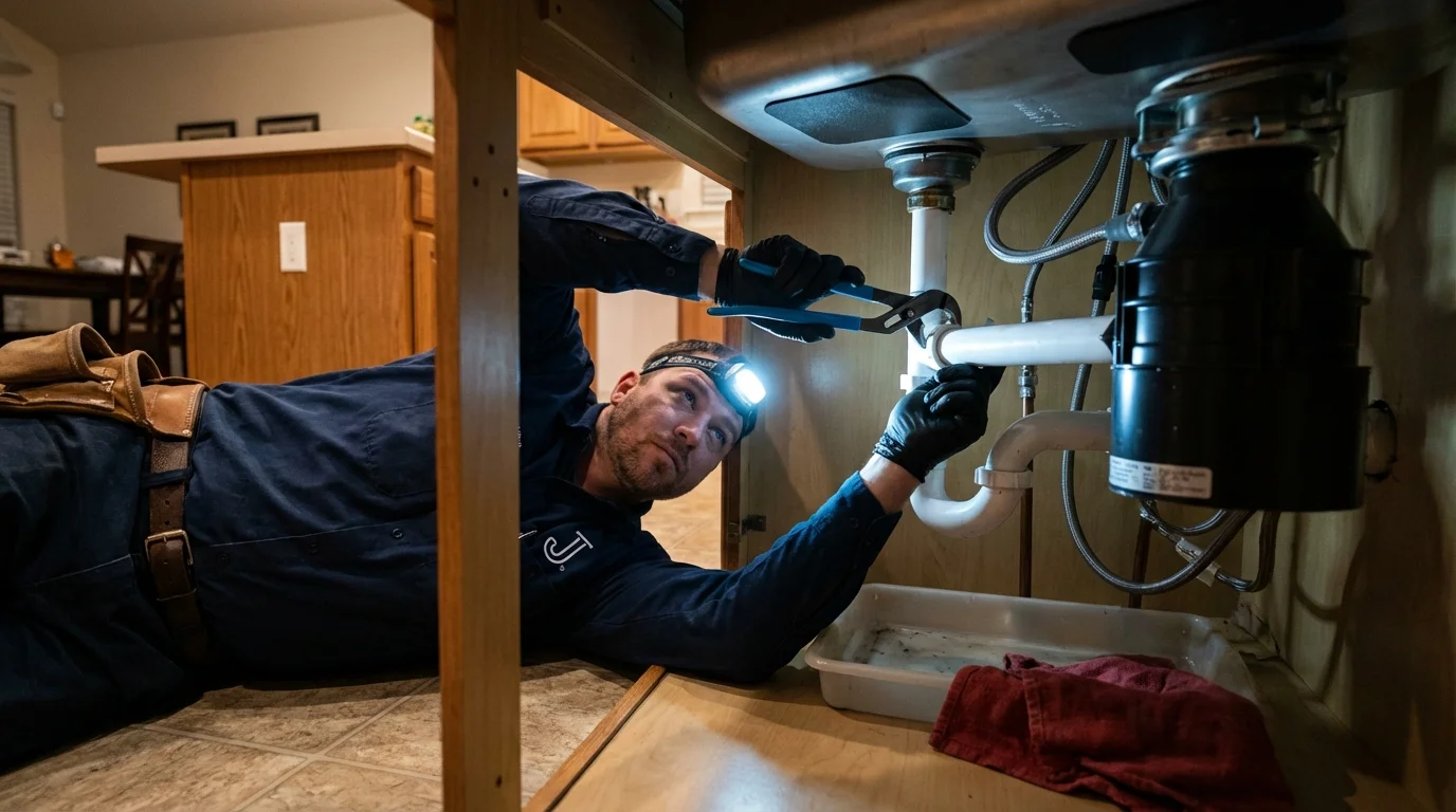 P-trap and supply line connections under a kitchen sink showing a common leak point in Walnut, CA